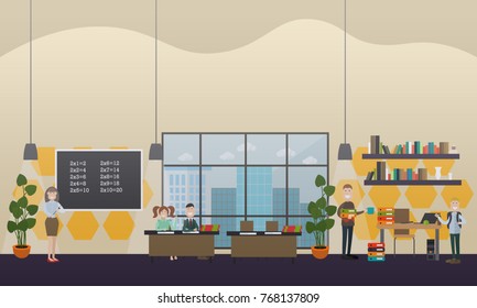 Vector illustration of teachers and school children, classroom interior with furniture and supplies. School concept flat style design elements.