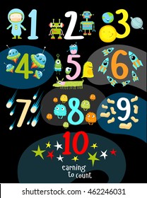 Vector illustration for teaching children the account. Numbers, space, astronaut, planets, rockets, robots, monsters, asteroids, stars, comets, earth, sun. ? poster, a postcard for children.