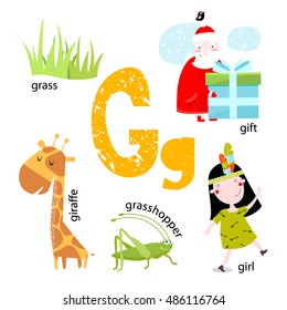 Vector illustration for teaching children the English alphabet with cartoon animals and objects. Letter "g". Grass, gift, giraffe, grasshopper, girl. School poster