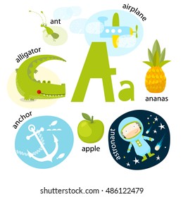 Vector illustration for teaching children the English alphabet with cartoon animals and objects. The letter a". Alligator, pineapple, apple, ant, astronaut,, anchor airplane. Poster.