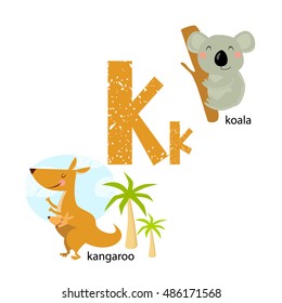 Vector illustration for teaching children the English alphabet with cartoon animals and objects. "K" letter. koala, kangaroo. school poster