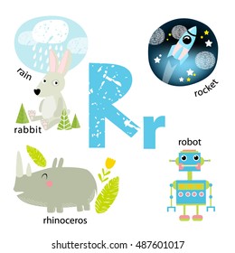Vector illustration for teaching children the English alphabet with cartoon animals and objects. "R" letter. Rain, rabbit, rhinoceros, Rocket, a robot. Cosmos, forest, cloud, sky. school poster