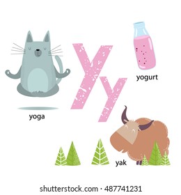 Vector illustration for teaching children the English alphabet with cartoon animals and objects. "Y" letter. yoga, yogurt, yak. Poster, postcard, school