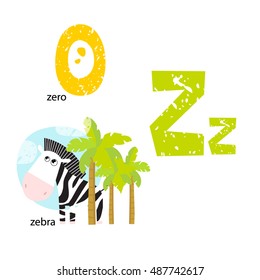 Vector illustration for teaching children the English alphabet with cartoon animals and objects. "Z" letter. Zebra, zero. Poster, postcard, school