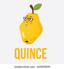 Vector illustration for teaching children the English alphabet with cartoon fruit,vegetables and objects. "Q" letter. Quince. School card