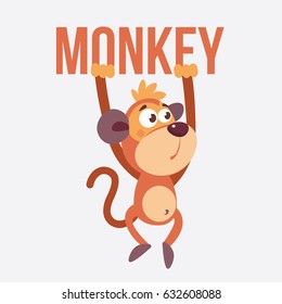 Vector illustration for teaching children the English alphabet with cartoon animals and objects. "M" letter. Monkey. School card
