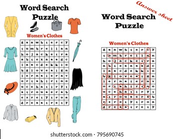 Vector illustration for teaching English or learning English as foreign language. Word search puzzle on topic "women's clothing and accessories". Worksheet or handout for elementary students, kids