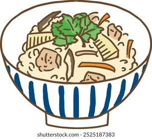 Vector illustration of a teacup and Japanese rice cooked in five different ways