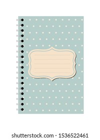 Vector illustration of teal blue dotted pattern spiral paper notebook with copy space sign