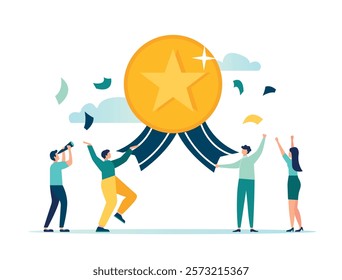 Vector illustration, Team achievements, highly qualified staff, teamwork to achieve success, reward for the best quality of service