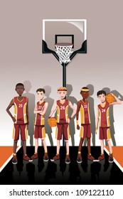 A vector illustration of a team of basketball players