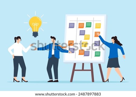 Vector illustration of team brainstorming with sticky notes on whiteboard creative problem solving