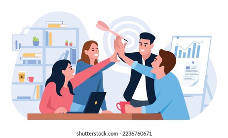 Ilustración vectorial de la creación de equipos. Escena de caricaturas con chicos y chicas que se reunieron para trabajar juntos en el fondo blanco.