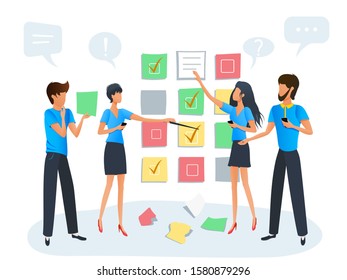 Vector illustration, team of business people working on a project at office with agile scrum task board plan, sticky notes flowchart, workshop training, business meeting, teamwork