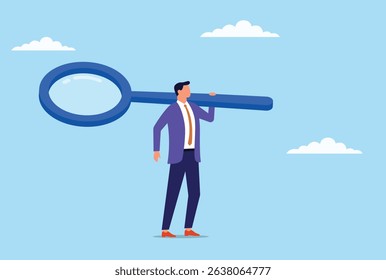 Vector illustration of a team of business people carrying a large magnifying glass, symbolizing collaborative investigation, collective analysis, and teamwork in uncovering insights for business