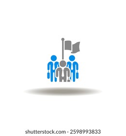 Vector illustration of team businessmen and flag. Symbol of onboarding. Icon of business teamwork finish mission.