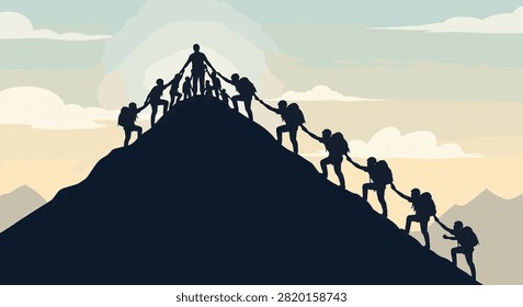 Vector illustration of a team of climbers in silhouette helping each other reach the mountain summit. Group of people forming a human chain to achieve a common goal at sunset.