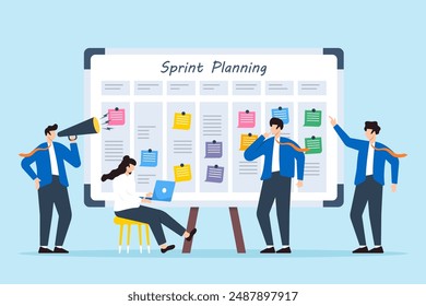 Vector illustration of team collaborating on whiteboard sprint planning with sticky notes iterative development