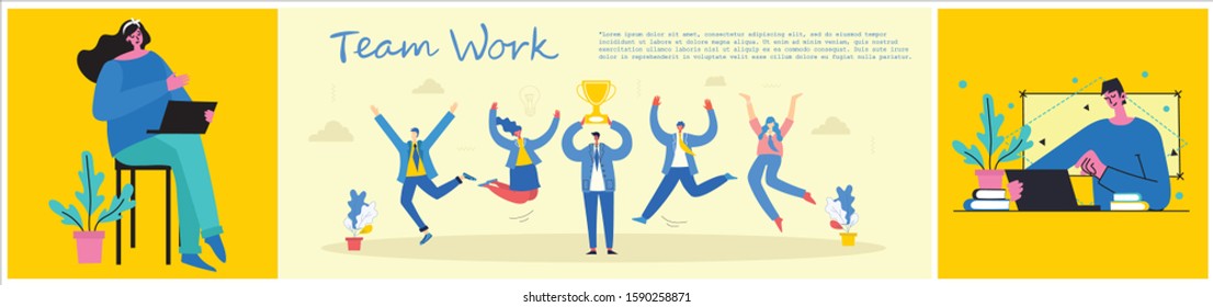 Vector illustration of Team concept business people in the flat style. E-commerce and team work business concept