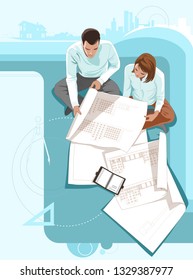 vector illustration of team debate of architectural design project
