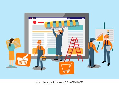 Vector illustration a team of developers and designers creates the concept of an online store. For website design