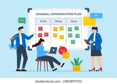 Ilustración vectorial del equipo de desarrollo de Plan de comunicación interna con notas adhesivas en el flujo de información de la pizarra