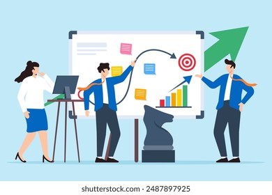 Ilustración vectorial del equipo que desarrolla la estrategia de ventas con notas adhesivas sobre el crecimiento de los ingresos de pizarras blancas