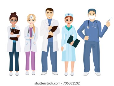 Vector illustration of team doctors on a white background in flat style. Woman and man doctors.