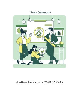 Ilustración vectorial de un equipo dedicado a la lluvia de ideas para un proyecto empresarial ecológico. Las personas expresan ideas con gráficos y símbolos relacionados con la sostenibilidad y el trabajo en equipo.