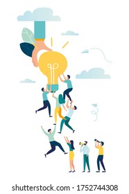 Vector illustration, team a group of people hold on to each other without missing an idea, achieving a goal, the path to success is motivation, searching for ideas