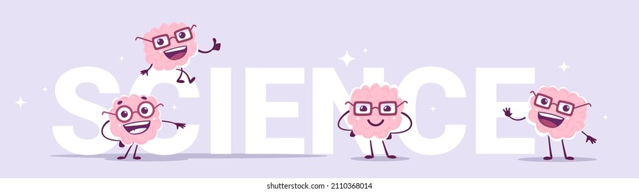 Vector illustration of team of happy pink brain character in glasses and word science on color background. Flat doodle style knowledge creative concept design of happy human brain character with word