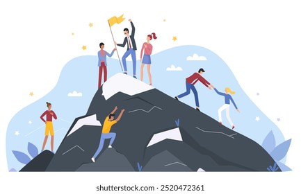 Vector illustration of a team helping each other climb a mountain peak, reaching the top with award trophy flag. Represents teamwork, achievement, and leadership in overcoming challenges.