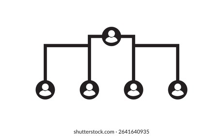 Vector illustration of a team hierarchy structure showing organizational levels with managers, team leaders, and employees. Represents company structure, workflow, reporting system, and team organizat