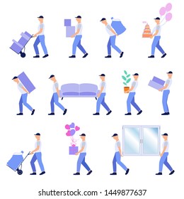 Vector illustration team of loaders  . Concept fast delivery goods. Isolated white background. Loader profession.