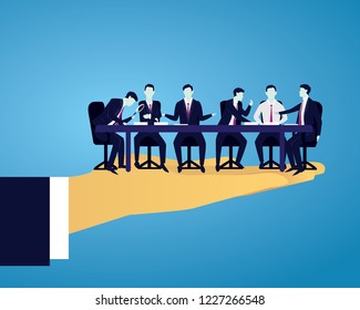 Vector illustration. Team meeting in business concept. Group of businessmen doing discussion communication of teamwork partnership, corporate people 