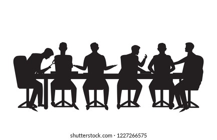 Vector illustration. Team meeting in business concept. Group of businessmen doing discussion communication of teamwork partnership, corporate people, isolated on white 