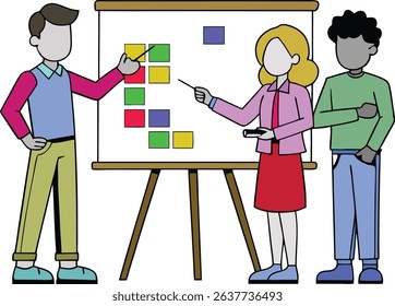 Vector illustration of team members planning project tasks on a board during a business meeting. Ideal for teamwork, strategy, workflow, or agile development-themed visual designs.