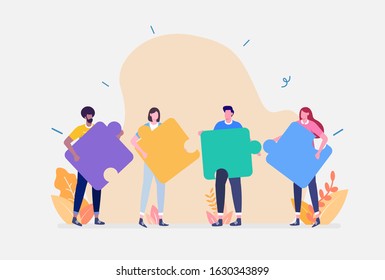 Vector Illustration, Team Metaphor Concept, Showing a group people connecting puzzle elements, Suitable for landing page, ui, web, App intro card, editorial, flyer,and banner