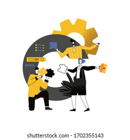 Metáfora del equipo de ilustración del vector. personas que conectan elementos del rompecabezas.  estilo de diseño plano. Concepto de negocio. Símbolo de trabajo en equipo, cooperación, asociación.