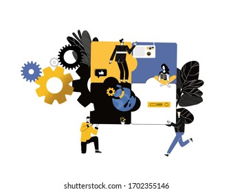 Vector illustration team metaphor. people connecting puzzle elements.  flat design style. Business concept. Symbol of teamwork, cooperation, partnership.