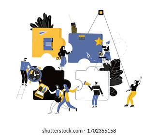 Vector illustration team metaphor. people connecting puzzle elements.  flat design style. Business concept. Symbol of teamwork, cooperation, partnership.