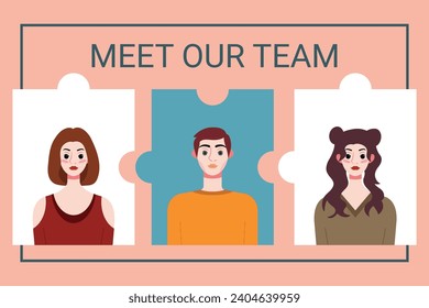 Vector illustration of a team of people in puzzle pieces. Teamwork concept