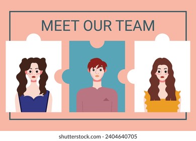 Vector illustration of a team of people in puzzle pieces. Teamwork concept