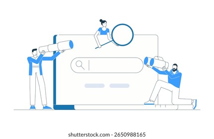 Ilustración vectorial de un equipo que busca información usando una computadora portátil, lupa, binoculares y gafas espía. Concepto de búsqueda de Web, datos, SEO, marketing digital y trabajo en equipo online