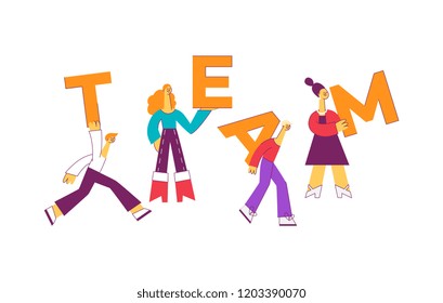 Vector illustration of Team text design with diversity people holding big letters in flat style - concept of successful collaboration and teamwork isolated on white background.