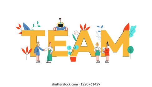 Vector illustration of Team text design with business people working and discussing themes together near big letters in flat style isolated on white background - concept of effective teamwork.
