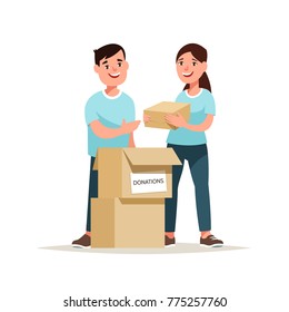 Vector illustration team of volunteers with donate box. Concept charitable activity and mercy