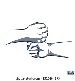 Vector illustration. Team work, cooperation. Hand drawn of two young persons fist bump top and down.