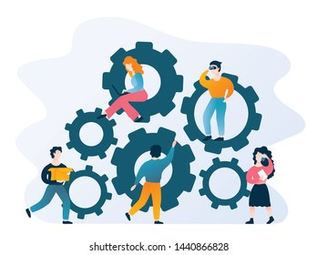 Vector illustration of team work. Gears and a group of people.