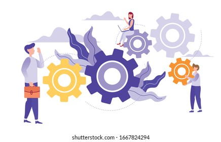 Vector Illustration of team work links of mechanism, business mechanism, abstract background with gears.  Business Concept, Team Metaphor, Flat Design